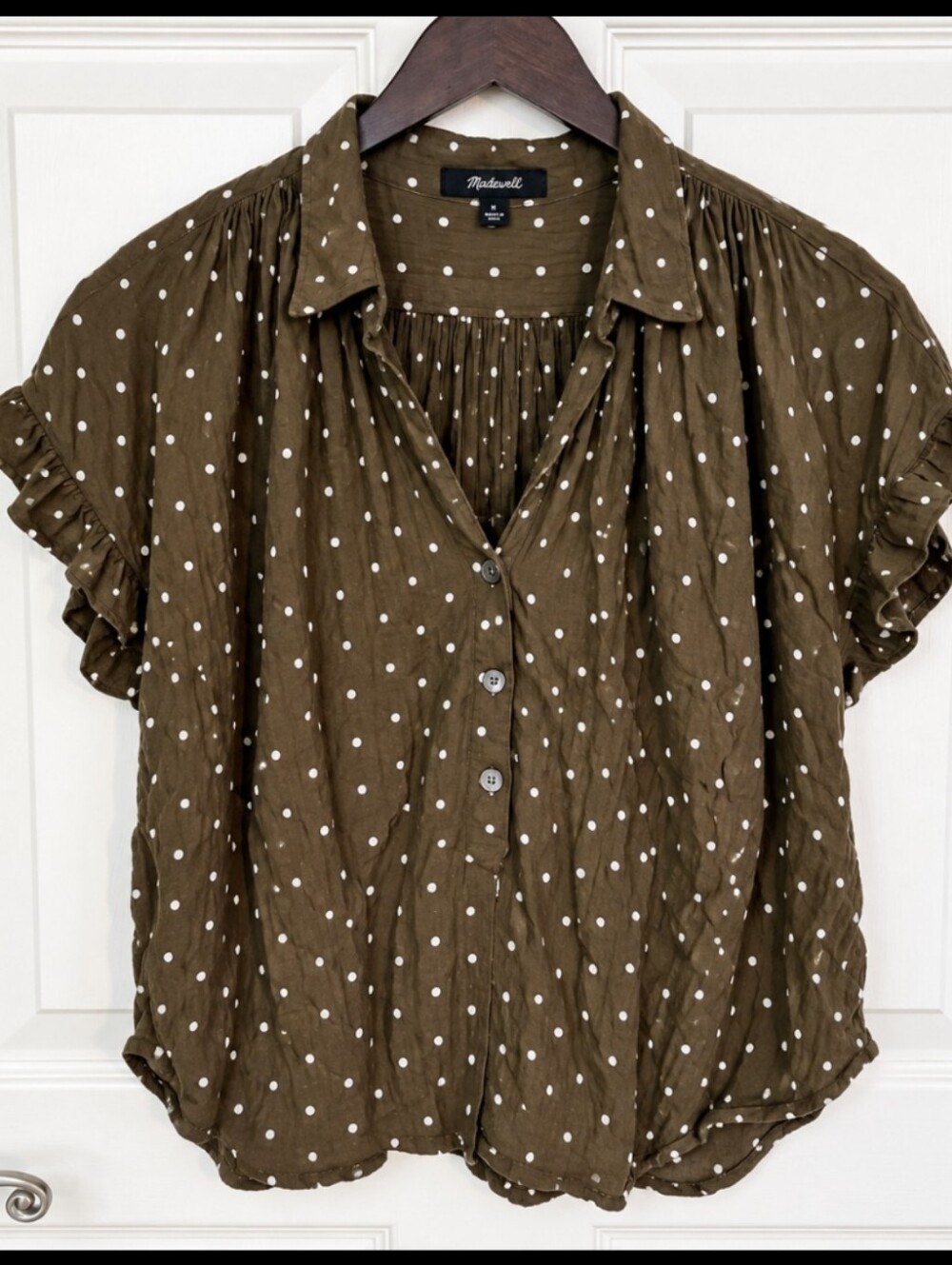 Madewell Khaki Green Polka Dot Hi-lo Blouse Sz Med